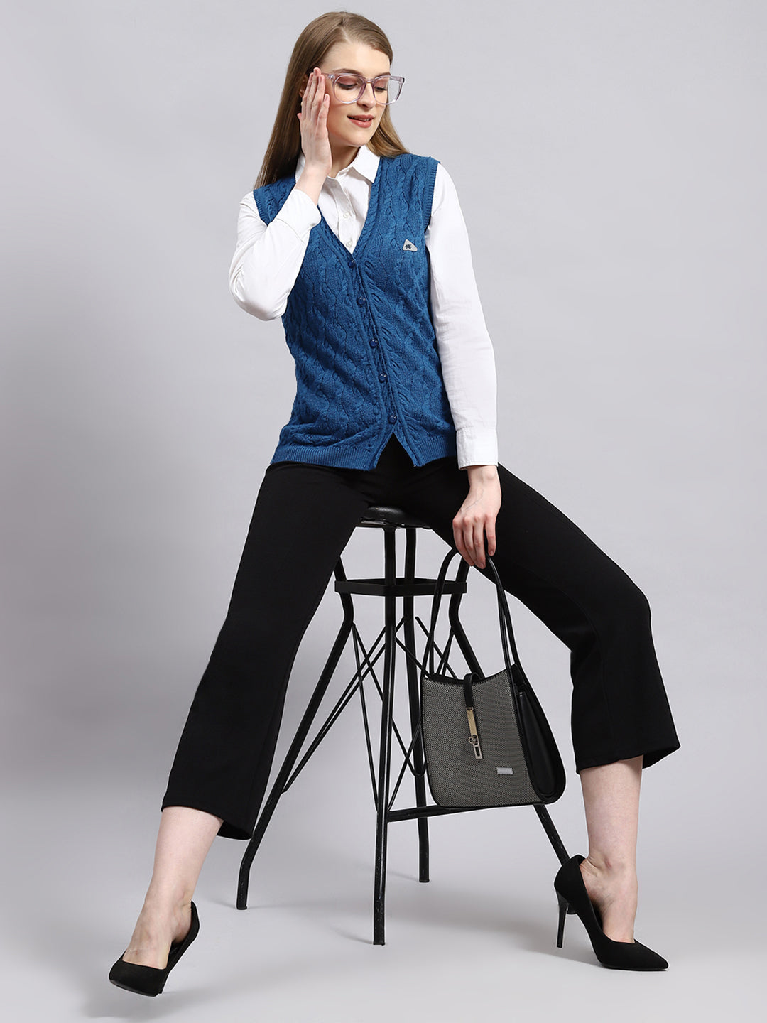 Women Blue Self Cardigan