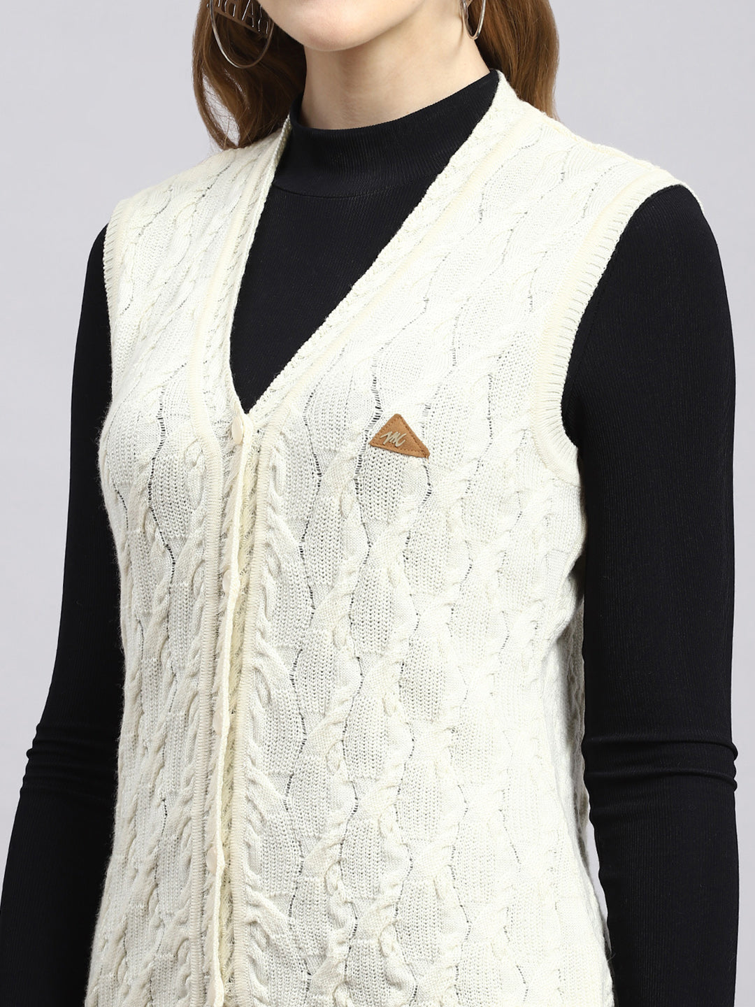 Women Off White Self Cardigan