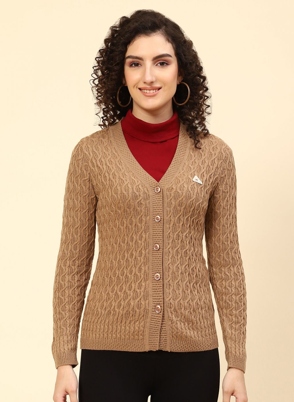 Women Beige Self Design Wool blend Cardigan