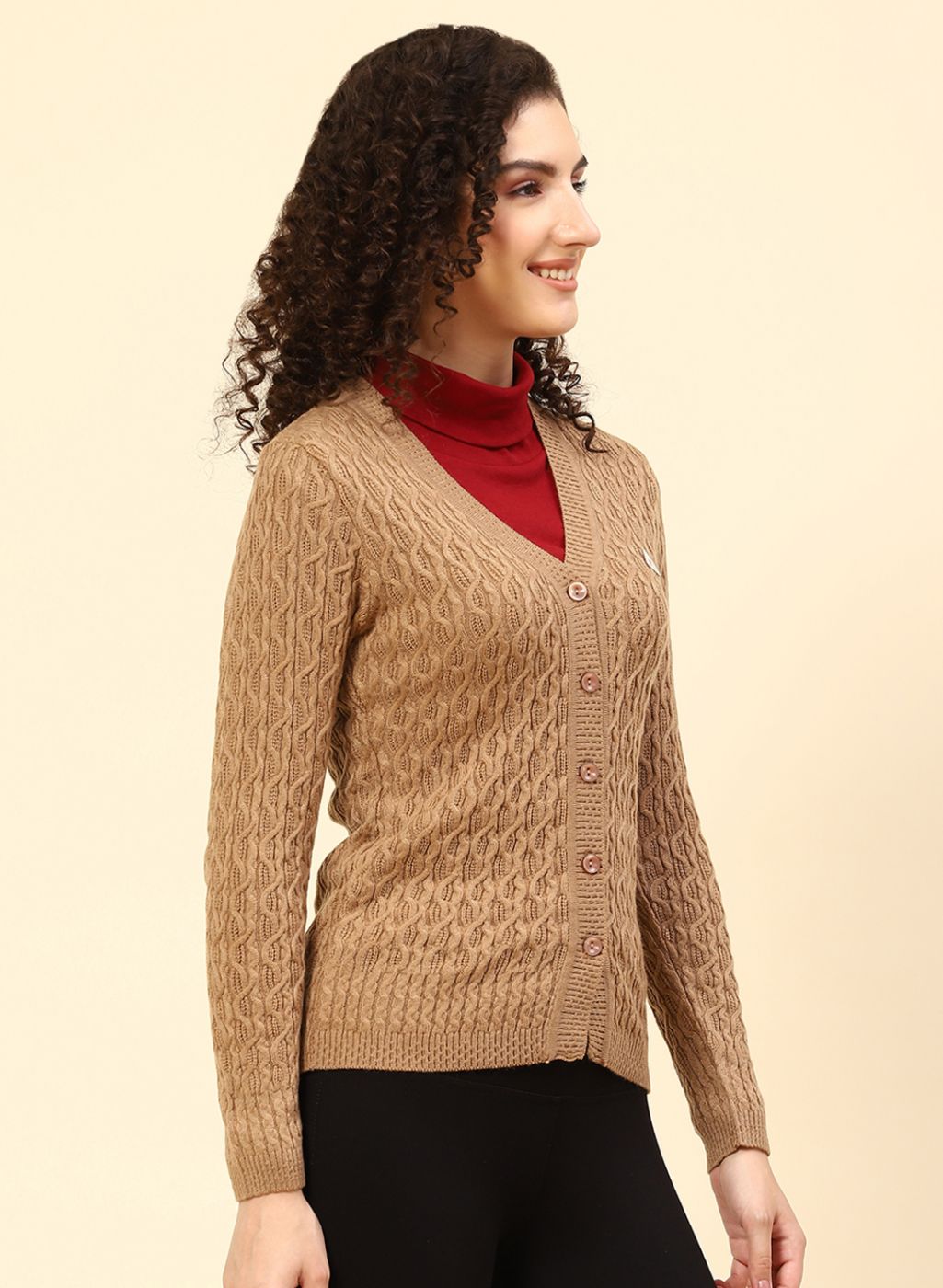 Women Beige Self Design Wool blend Cardigan