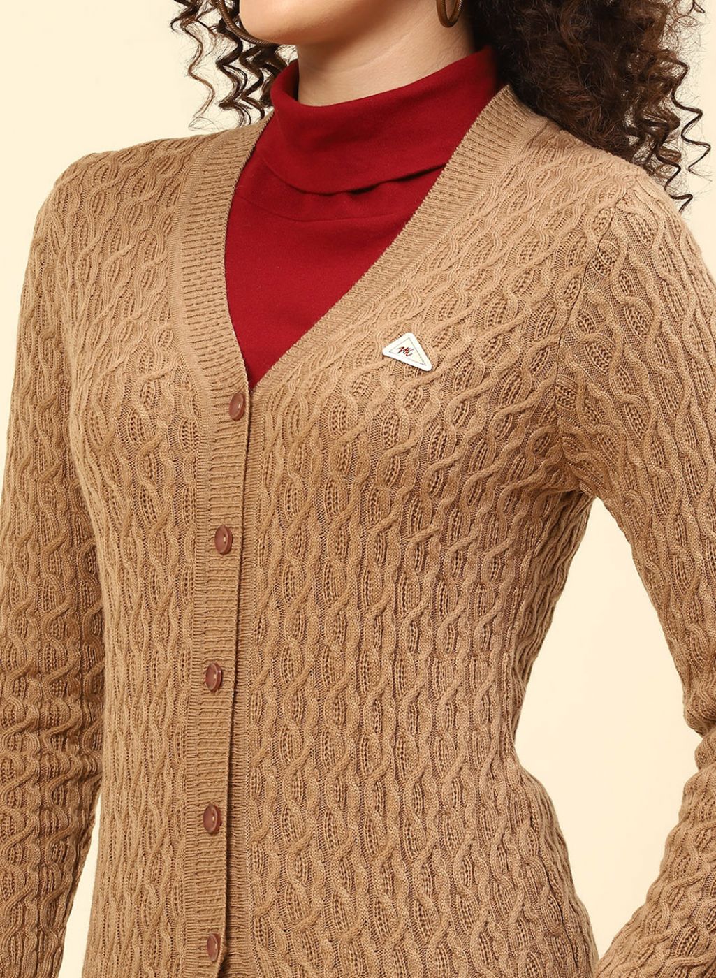 Women Beige Self Design Wool blend Cardigan