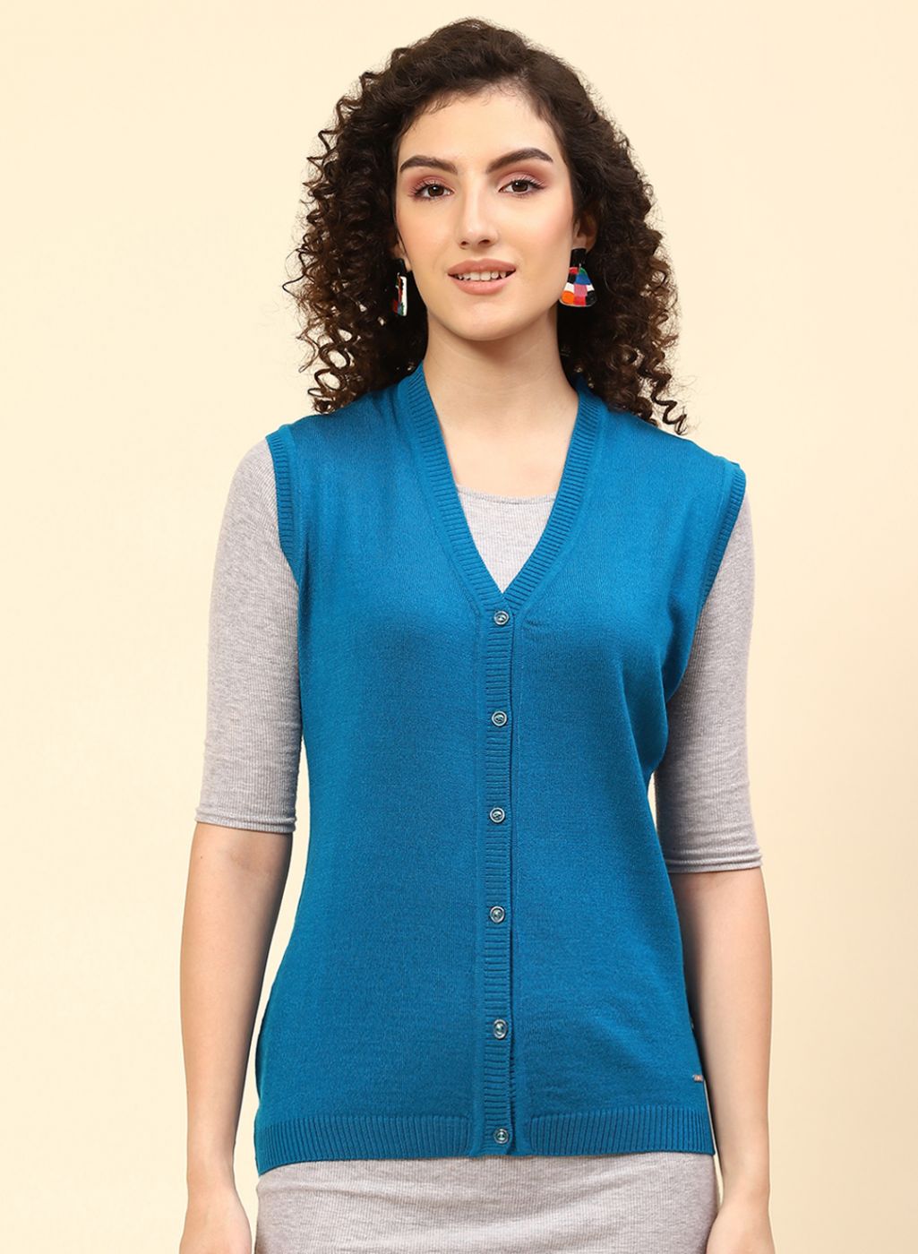 Women Blue Self Design Wool blend Cardigan