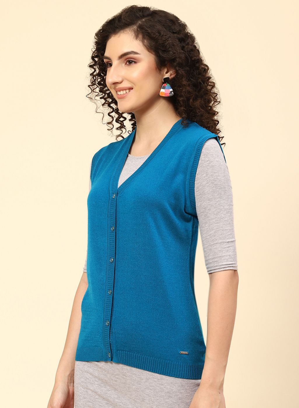 Women Blue Self Design Wool blend Cardigan