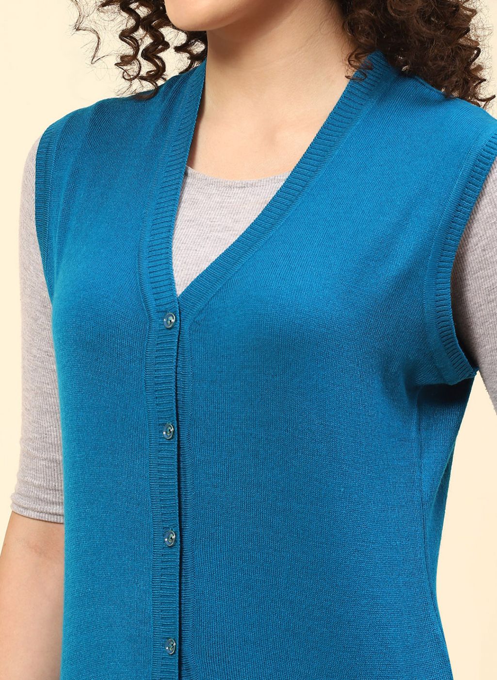 Women Blue Self Design Wool blend Cardigan