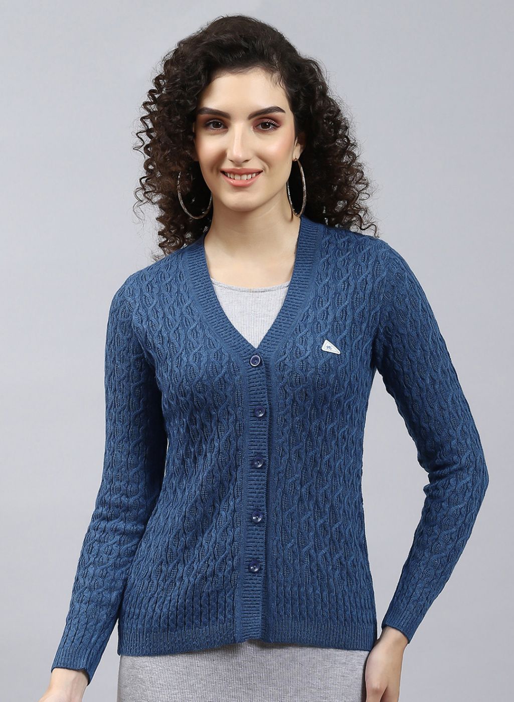 Women Blue Self Design Wool blend Cardigan