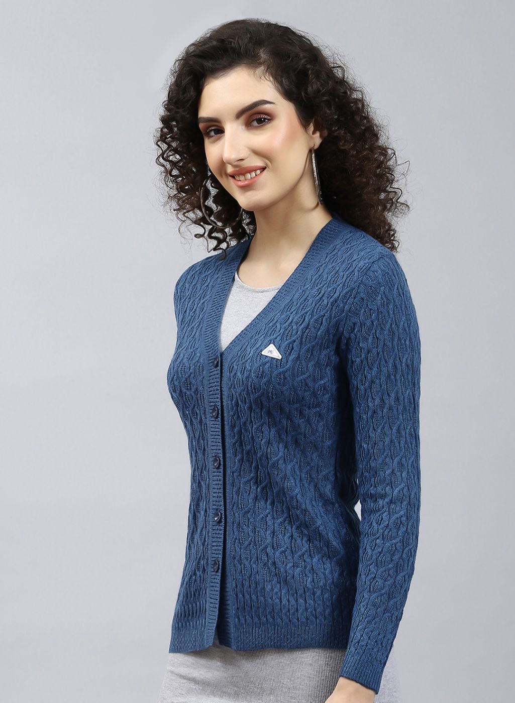 Women Blue Self Design Wool blend Cardigan