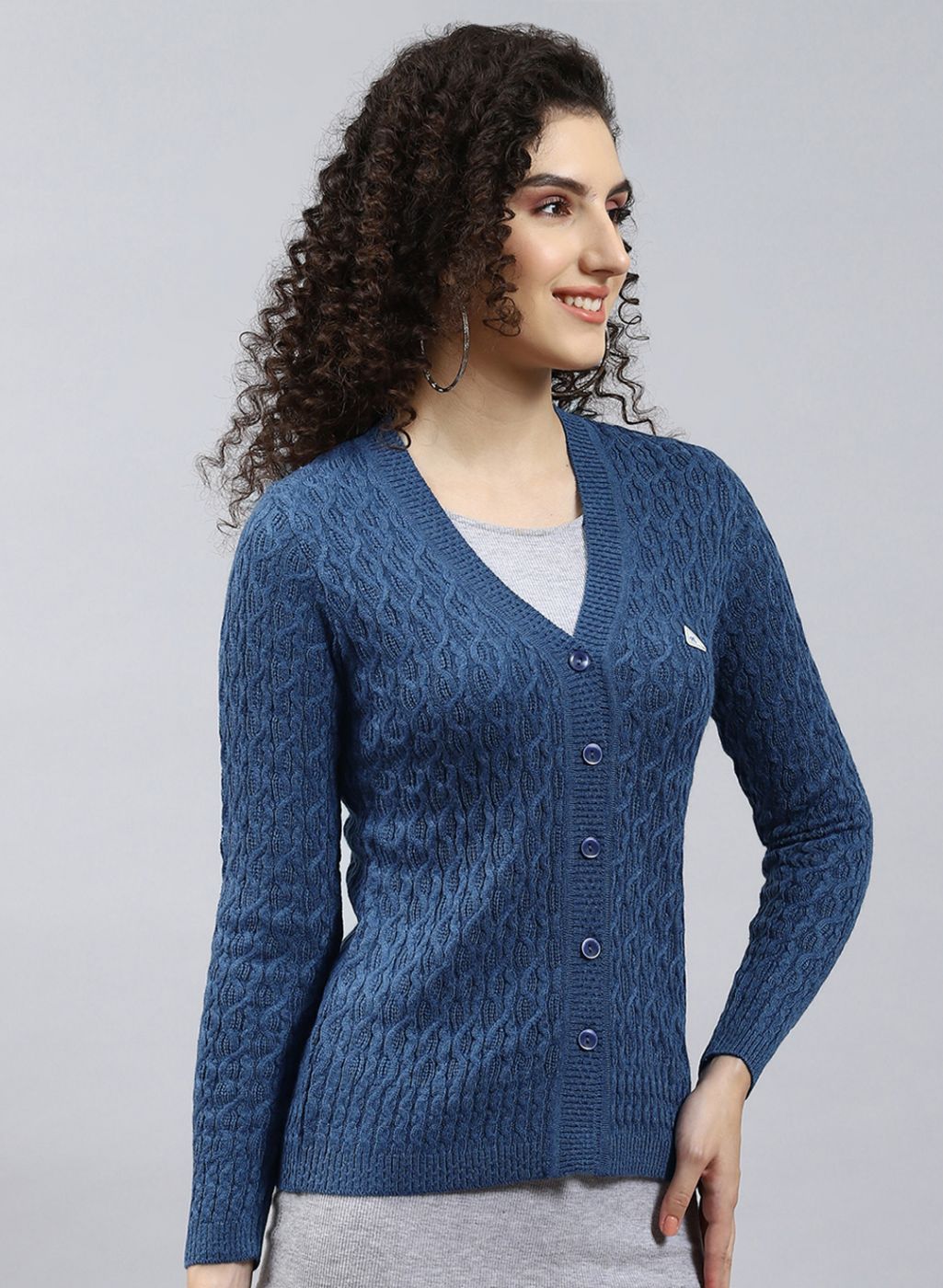 Women Blue Self Design Wool blend Cardigan