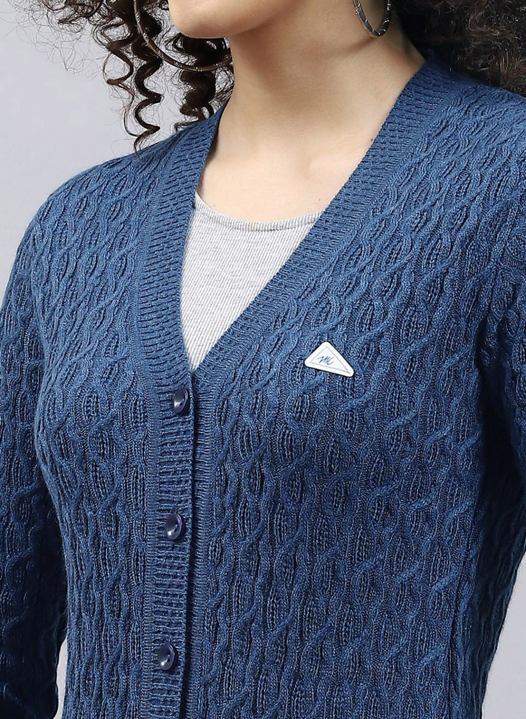 Women Blue Self Design Wool blend Cardigan