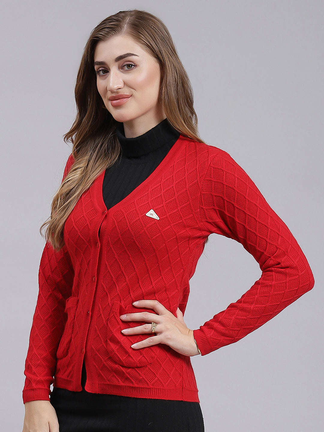 Women Red Self Design Wool blend Cardigan