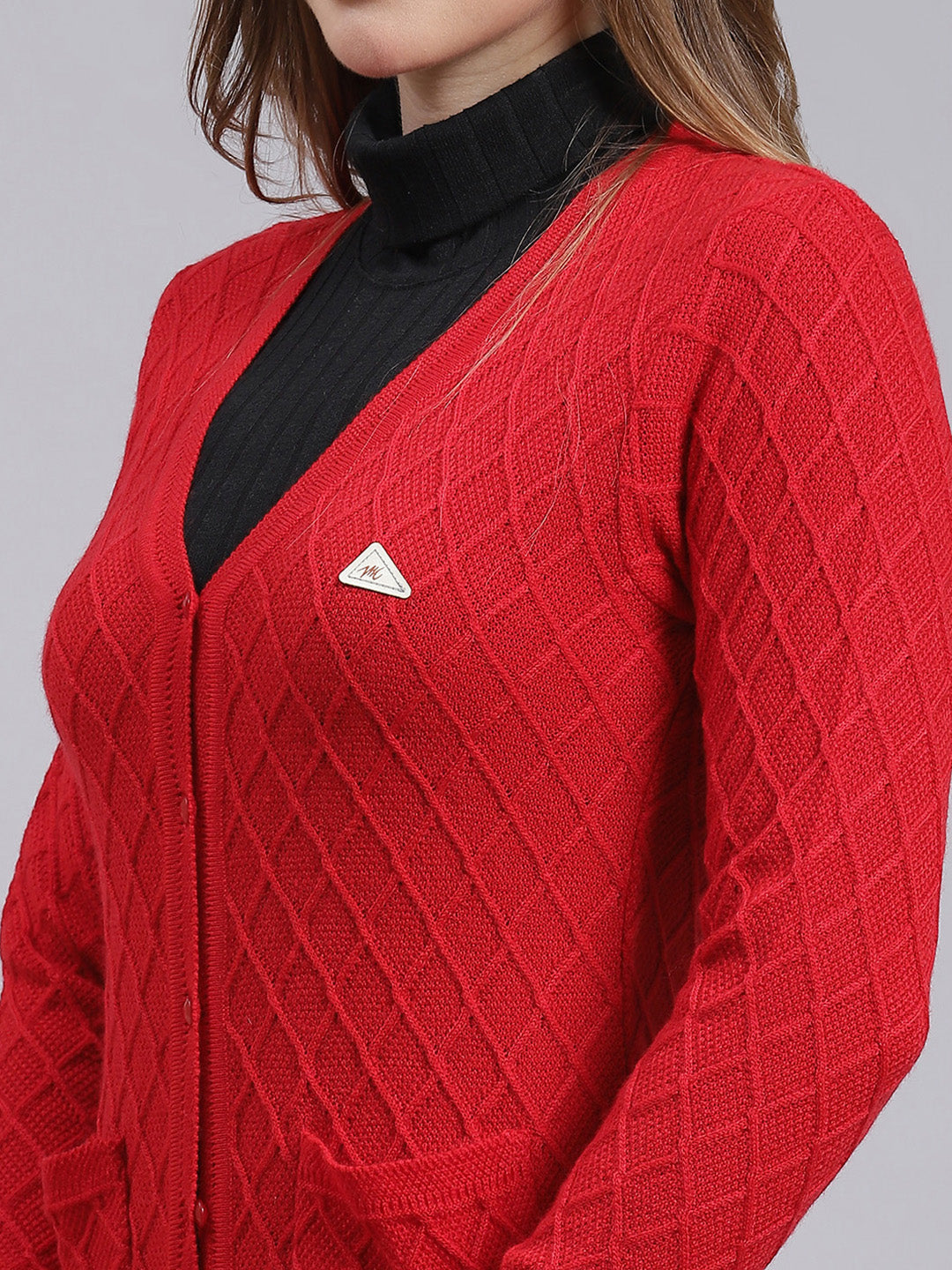 Women Red Self Design Wool blend Cardigan