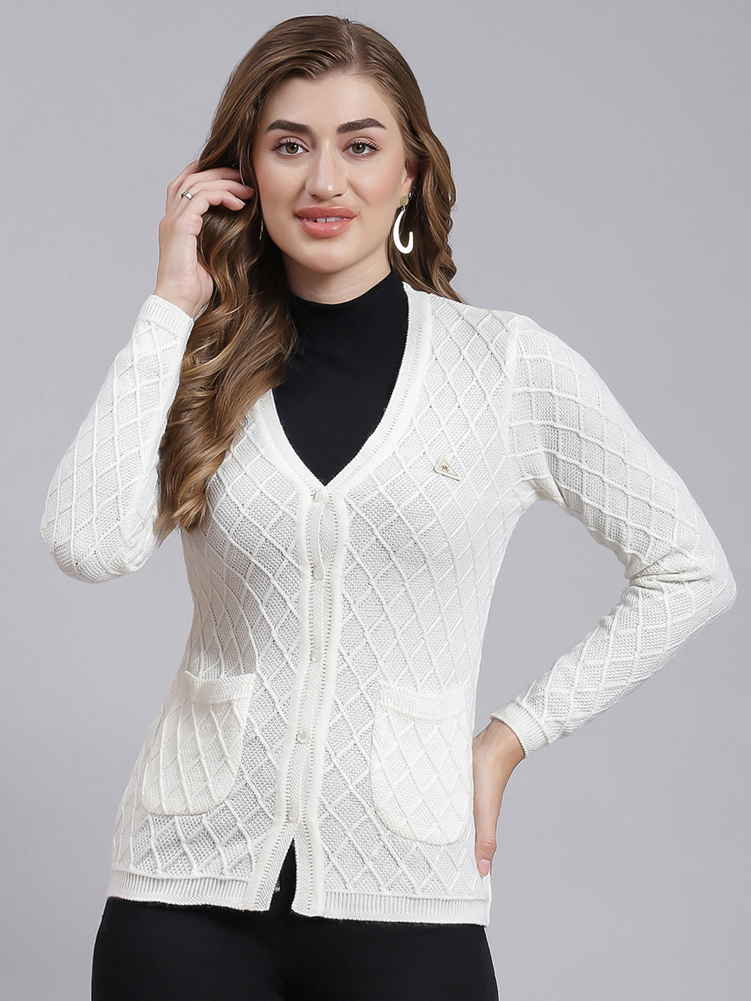 Women White Self Design Wool blend Cardigan