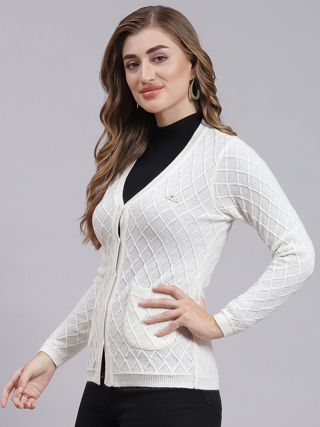 Women White Self Design Wool blend Cardigan