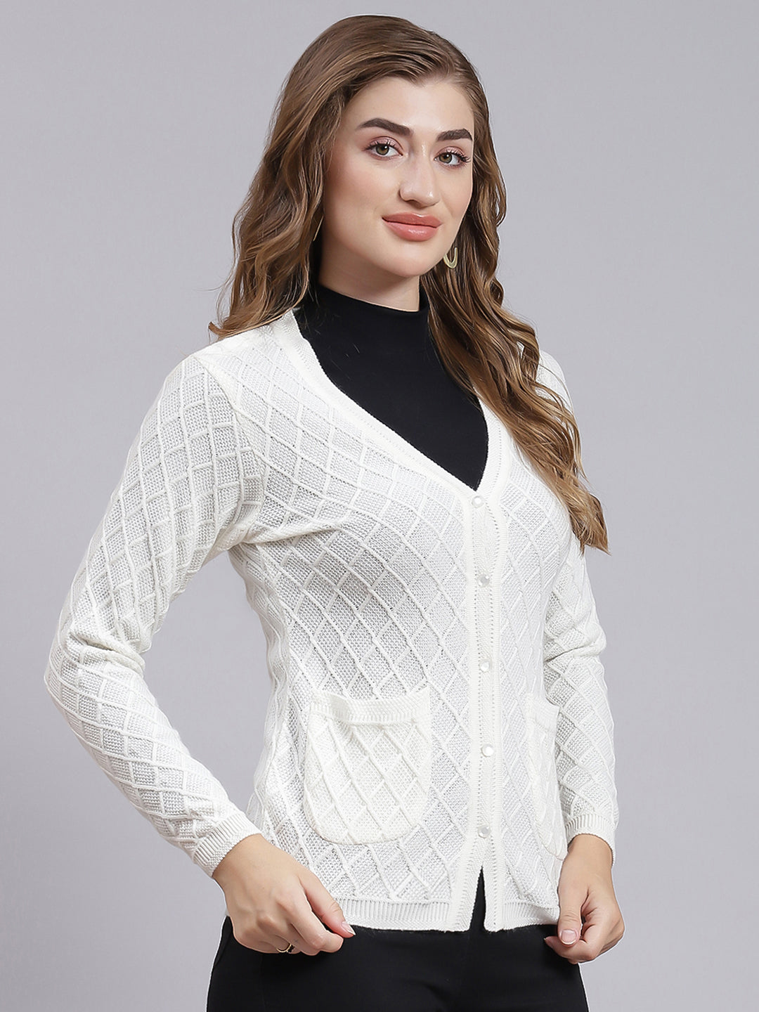 Women White Self Design Wool blend Cardigan