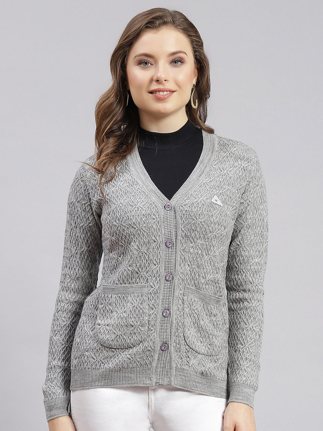 Women Grey Self Design Wool blend Cardigan