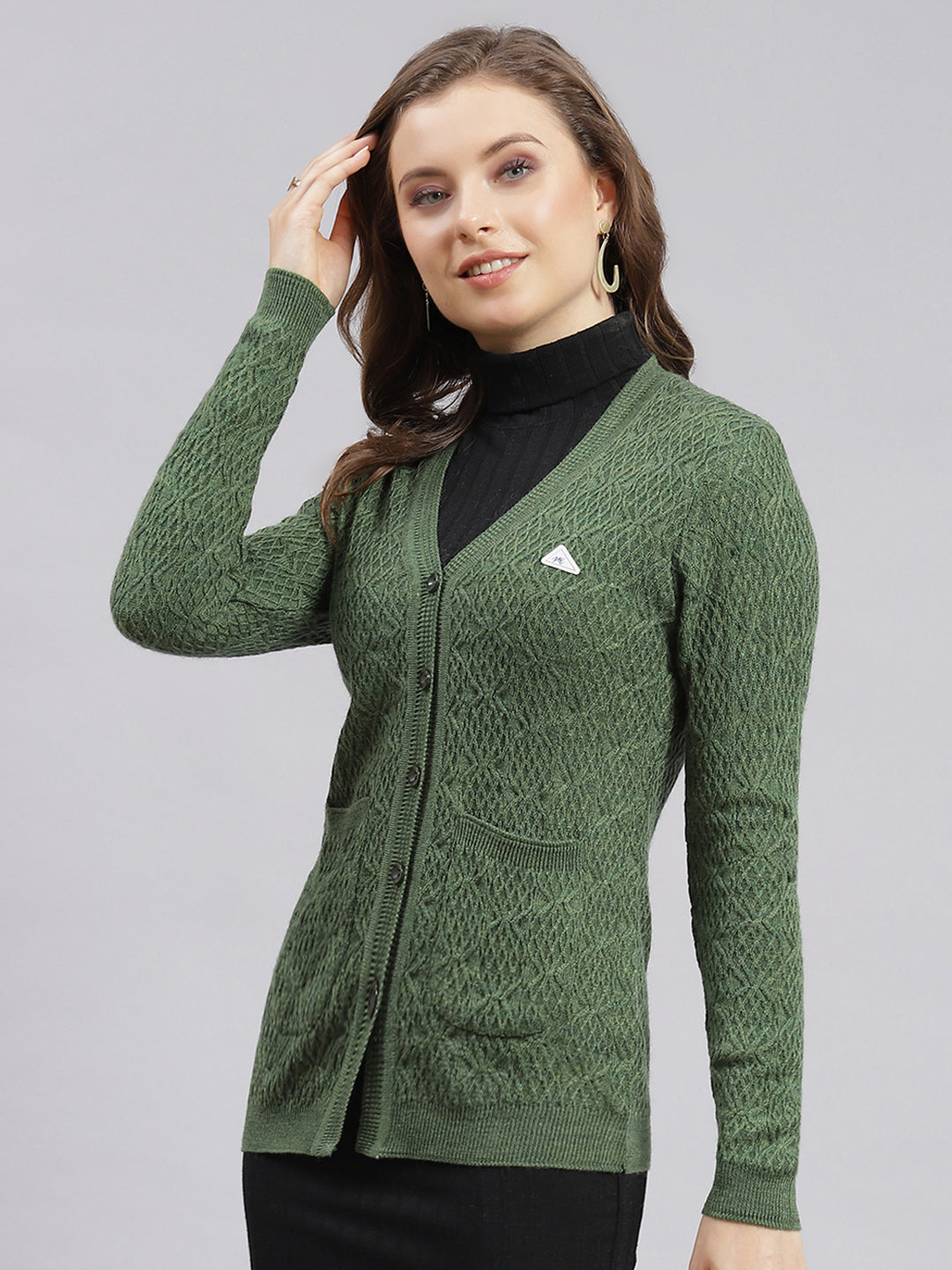 Women Green Self Design Wool blend Cardigan