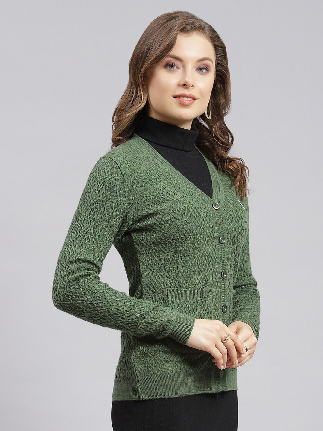 Women Green Self Design Wool blend Cardigan