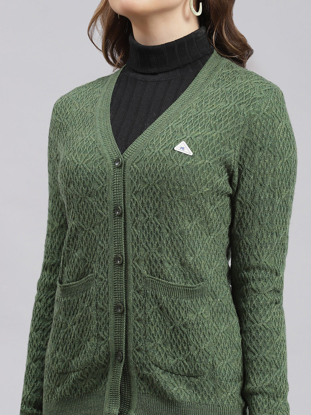 Women Green Self Design Wool blend Cardigan