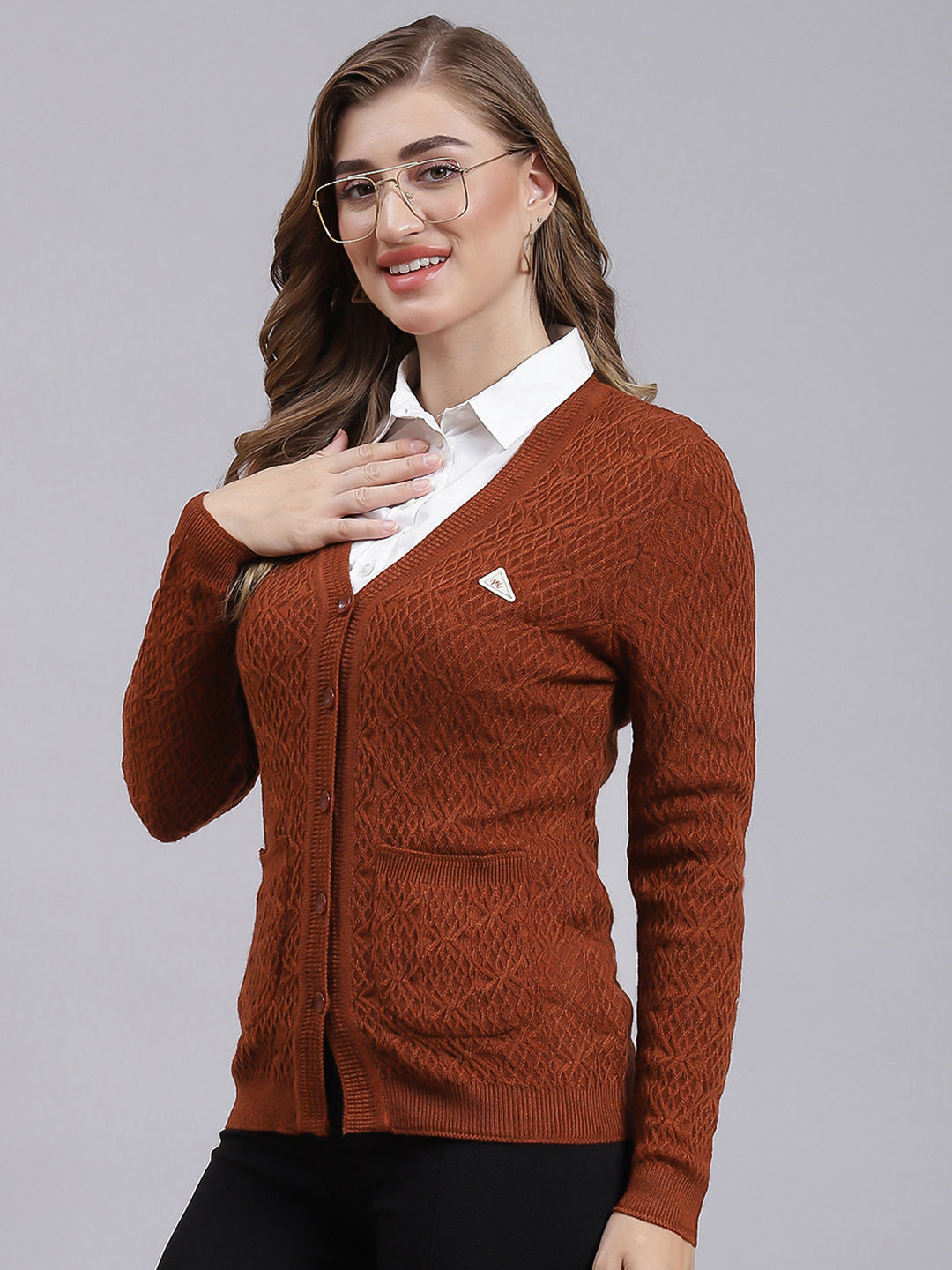 Women Rust Orange Self Design Wool blend Cardigan