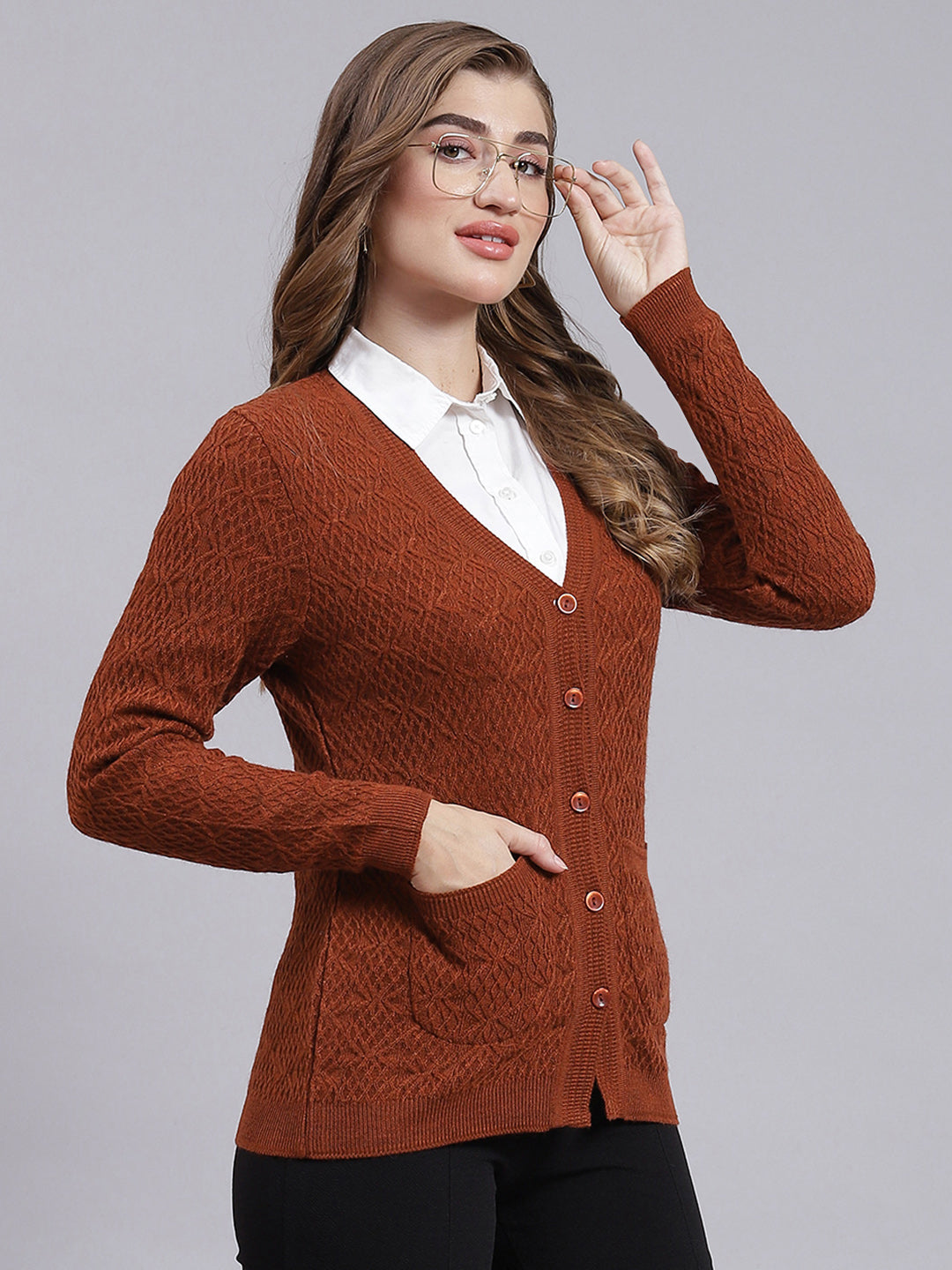 Women Rust Orange Self Design Wool blend Cardigan