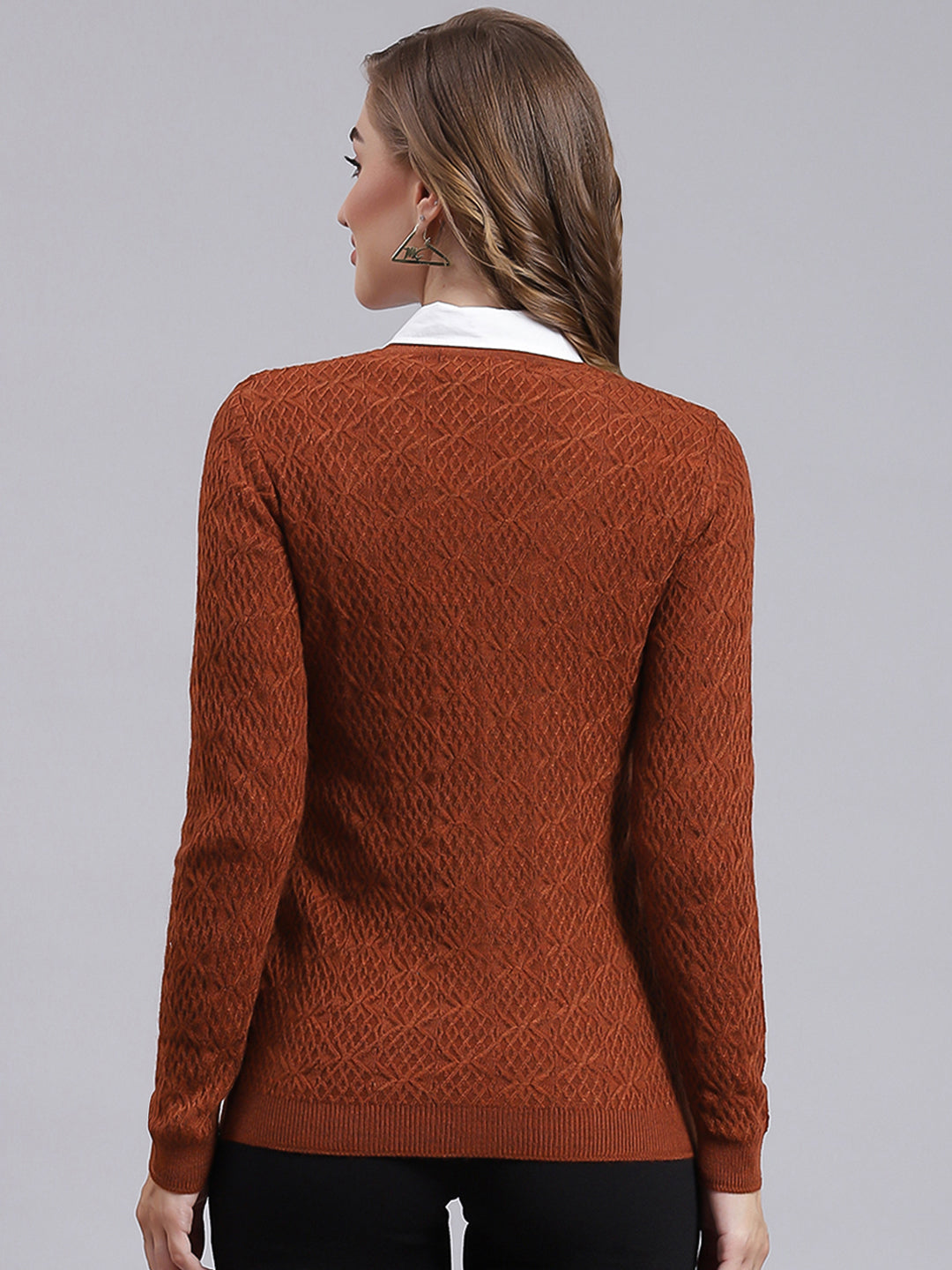 Women Rust Orange Self Design Wool blend Cardigan