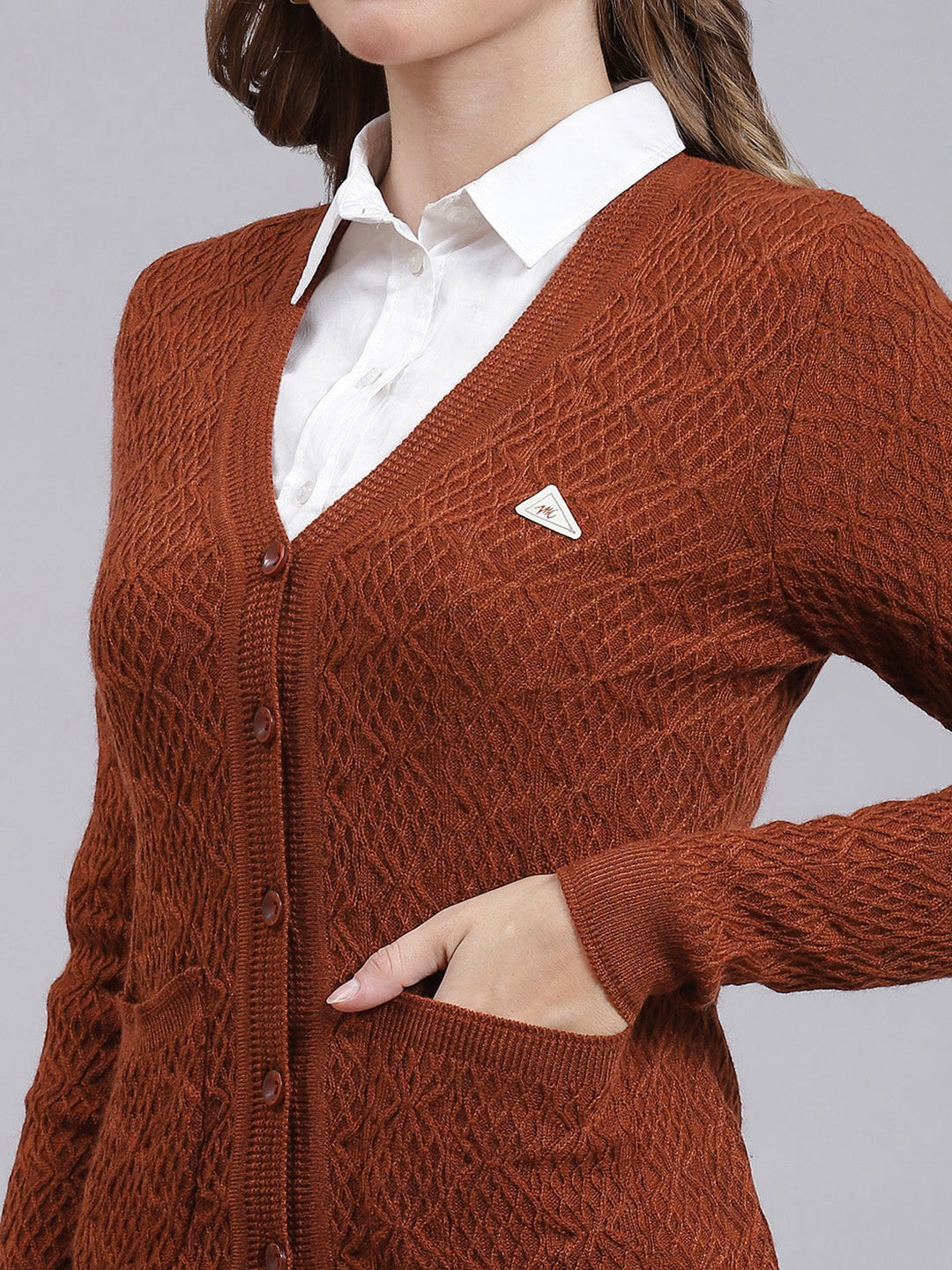 Women Rust Orange Self Design Wool blend Cardigan