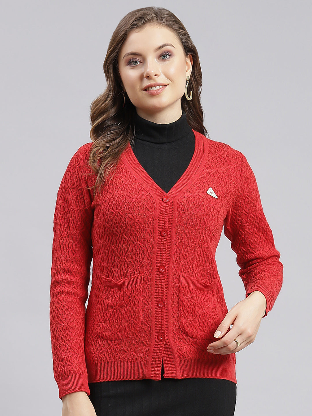 Women Red Self Design Wool blend Cardigan