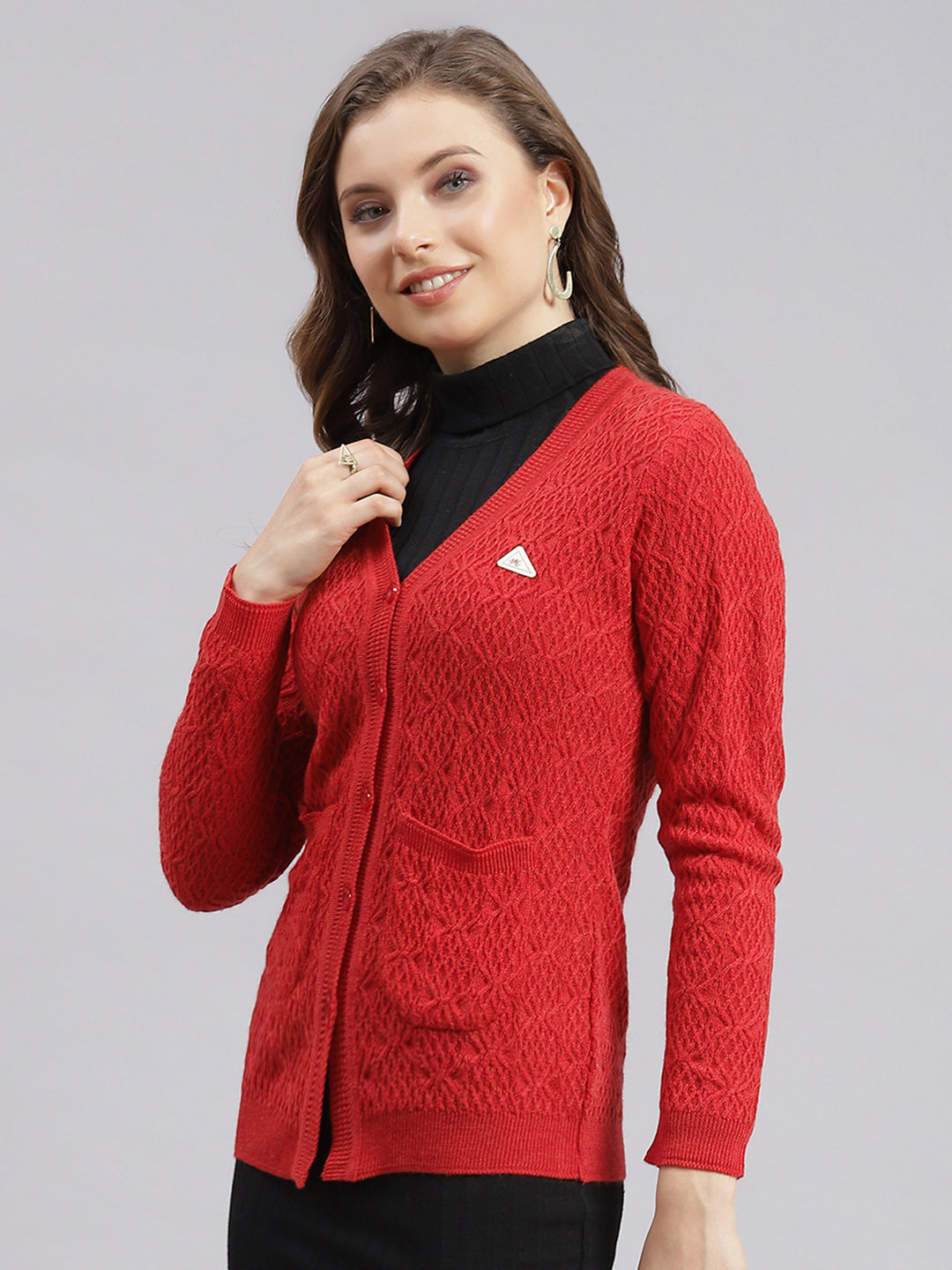 Women Red Self Design Wool blend Cardigan