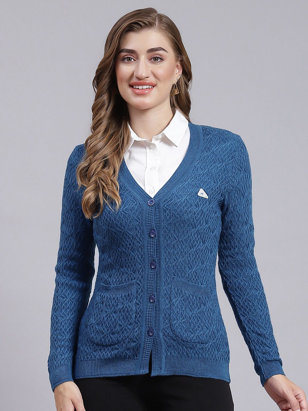 Women Navy Blue Self Design Wool blend Cardigan