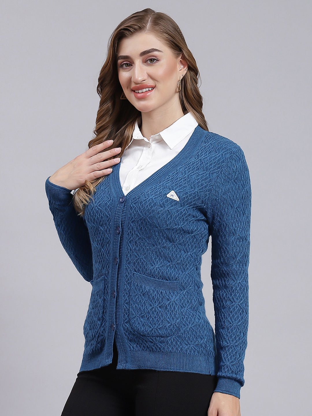 Women Navy Blue Self Design Wool blend Cardigan