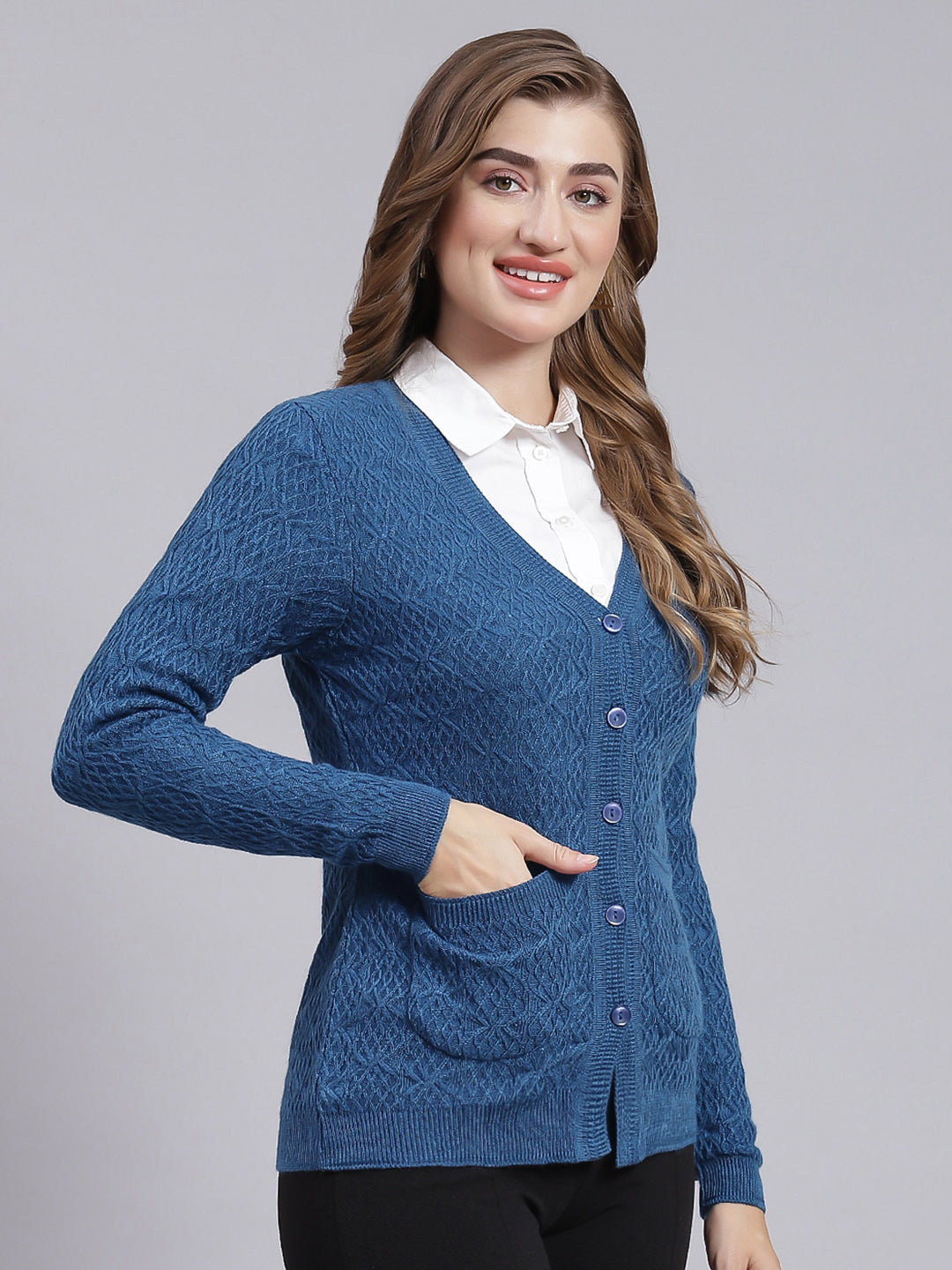 Women Navy Blue Self Design Wool blend Cardigan