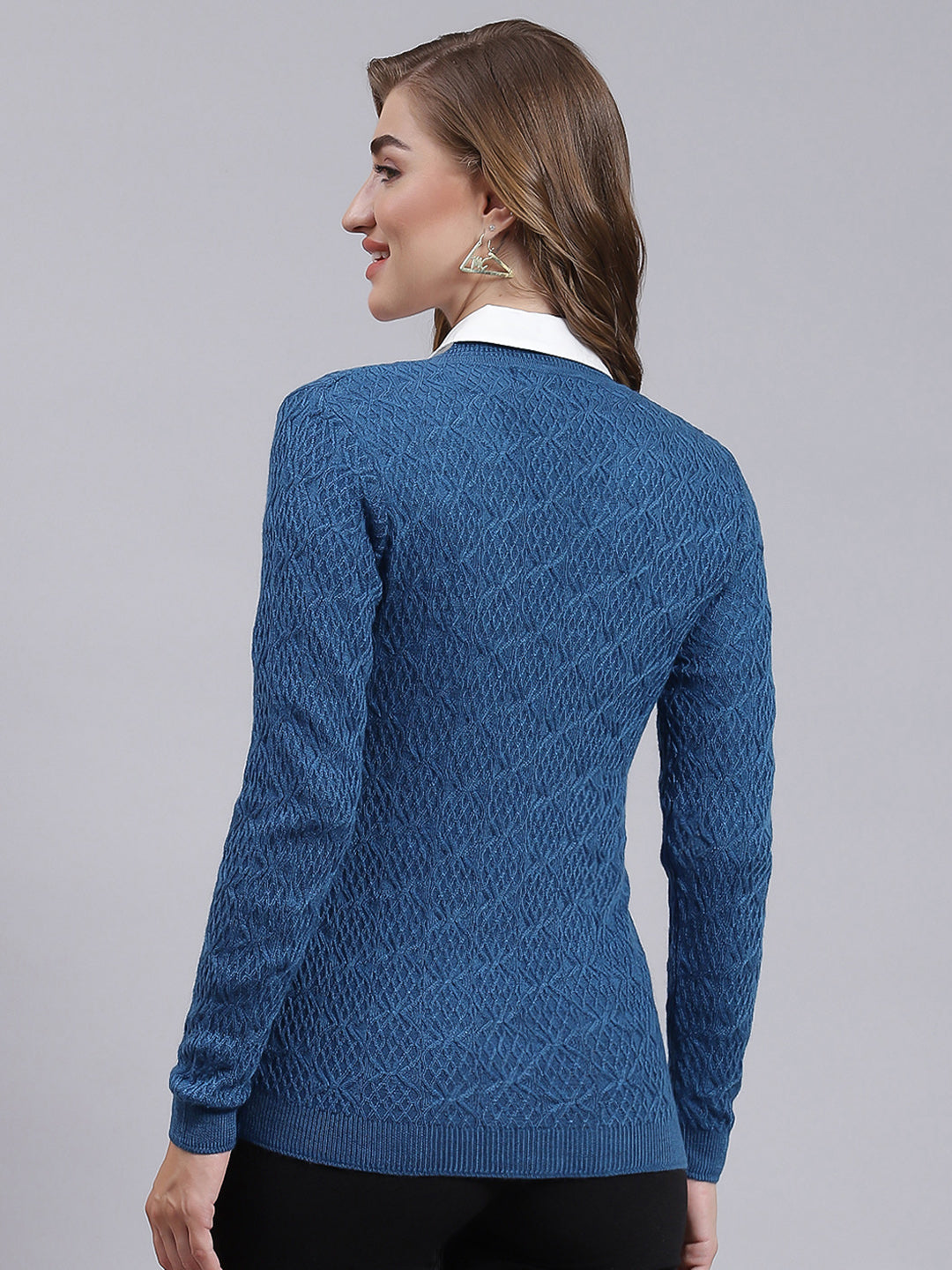 Women Navy Blue Self Design Wool blend Cardigan