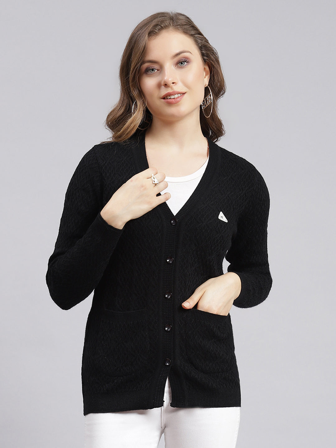 Women Black Self Design Wool blend Cardigan