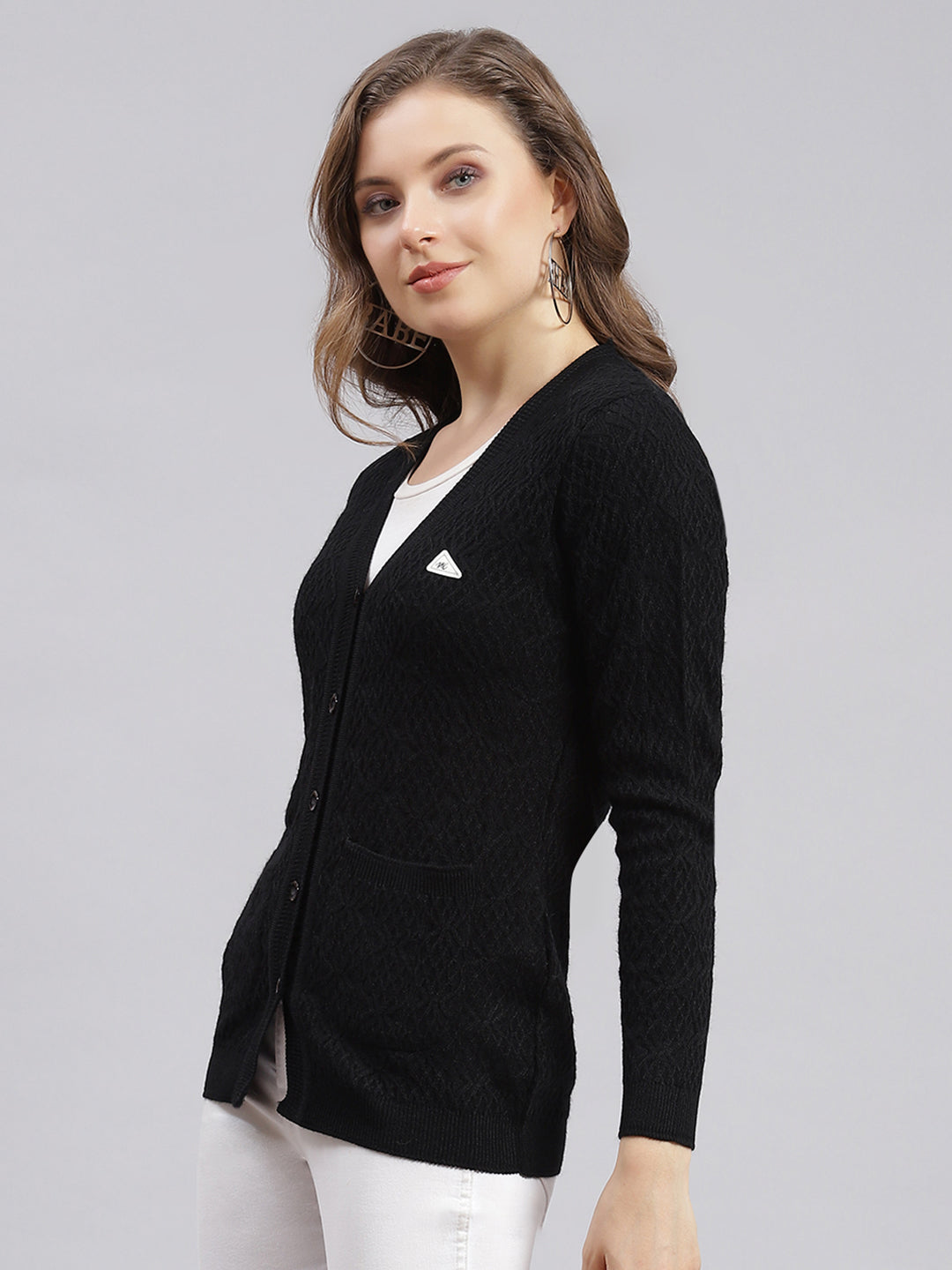 Women Black Self Design Wool blend Cardigan