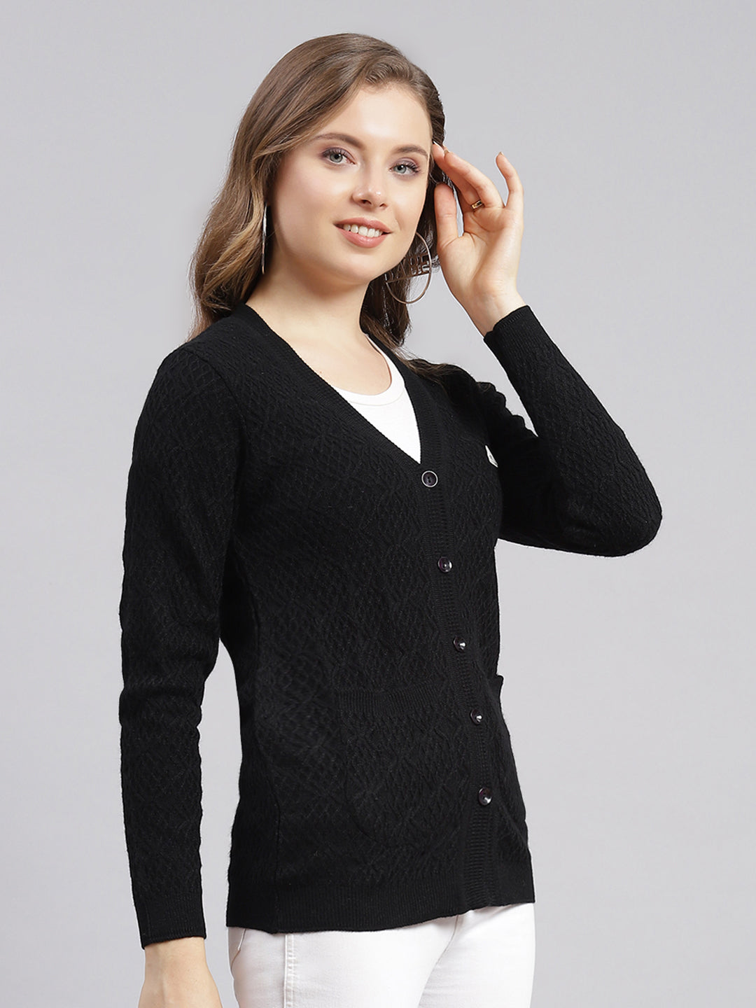 Women Black Self Design Wool blend Cardigan