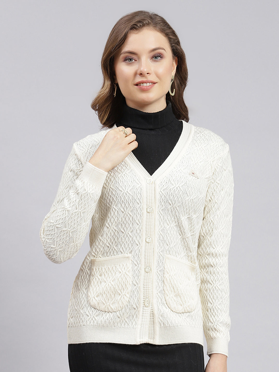 Women Cream Self Design Wool blend Cardigan