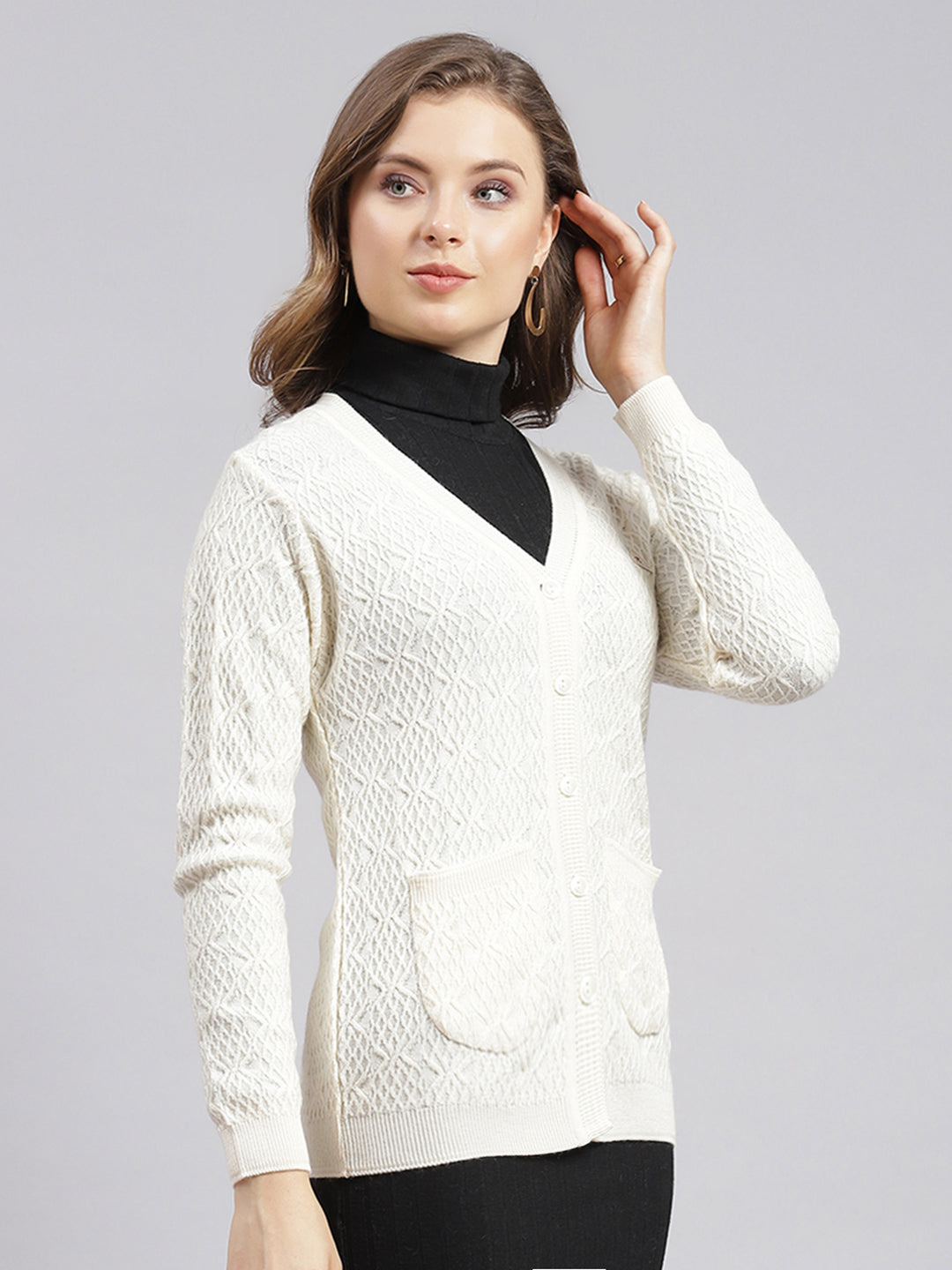 Women Cream Self Design Wool blend Cardigan