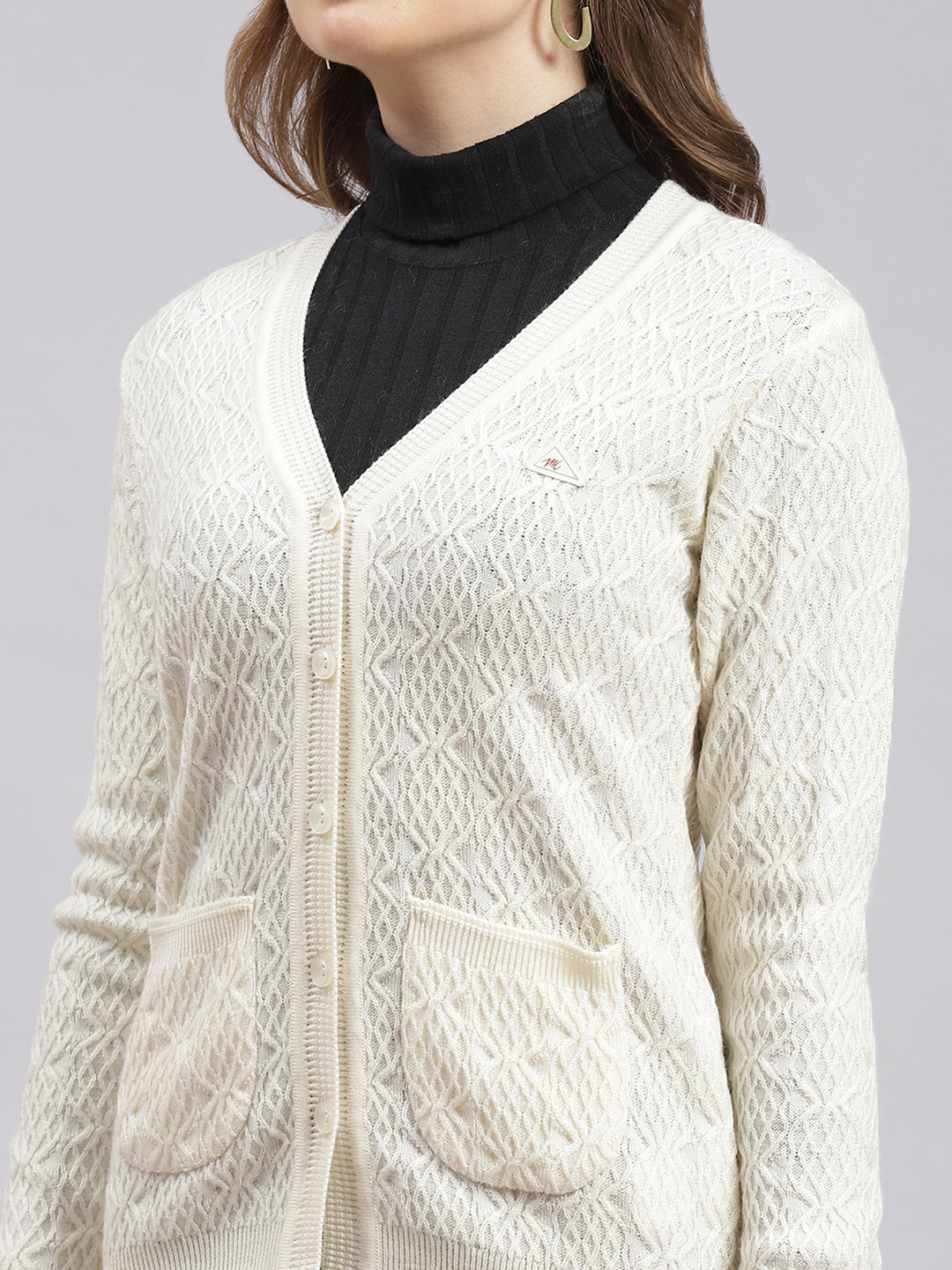 Women Cream Self Design Wool blend Cardigan