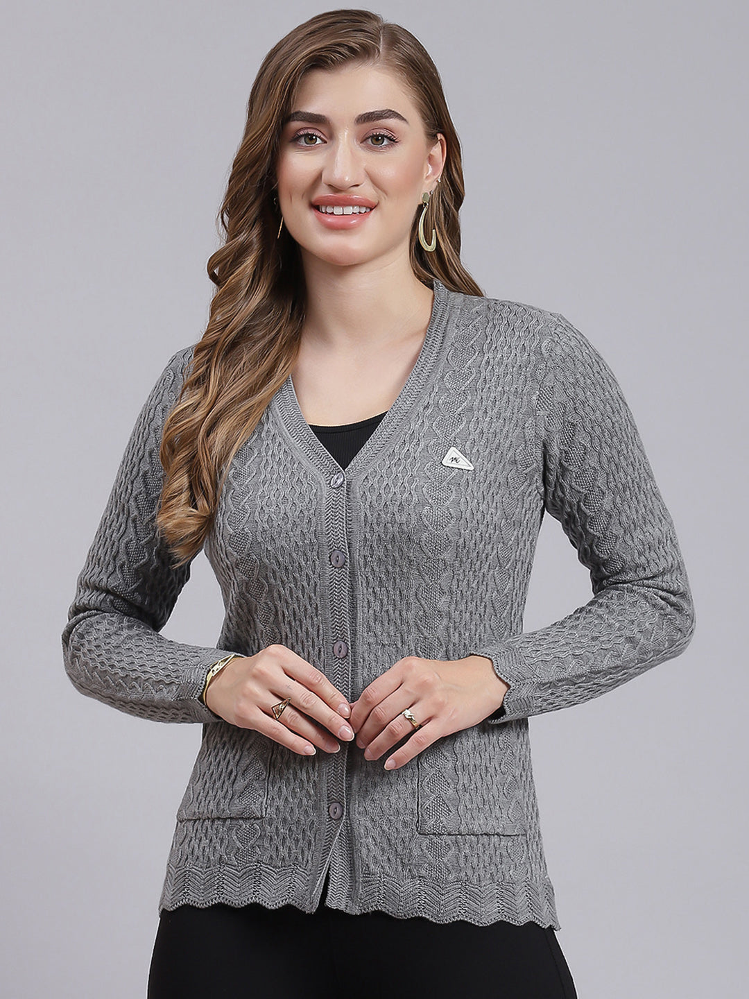 Women Grey Self Design Wool blend Cardigan