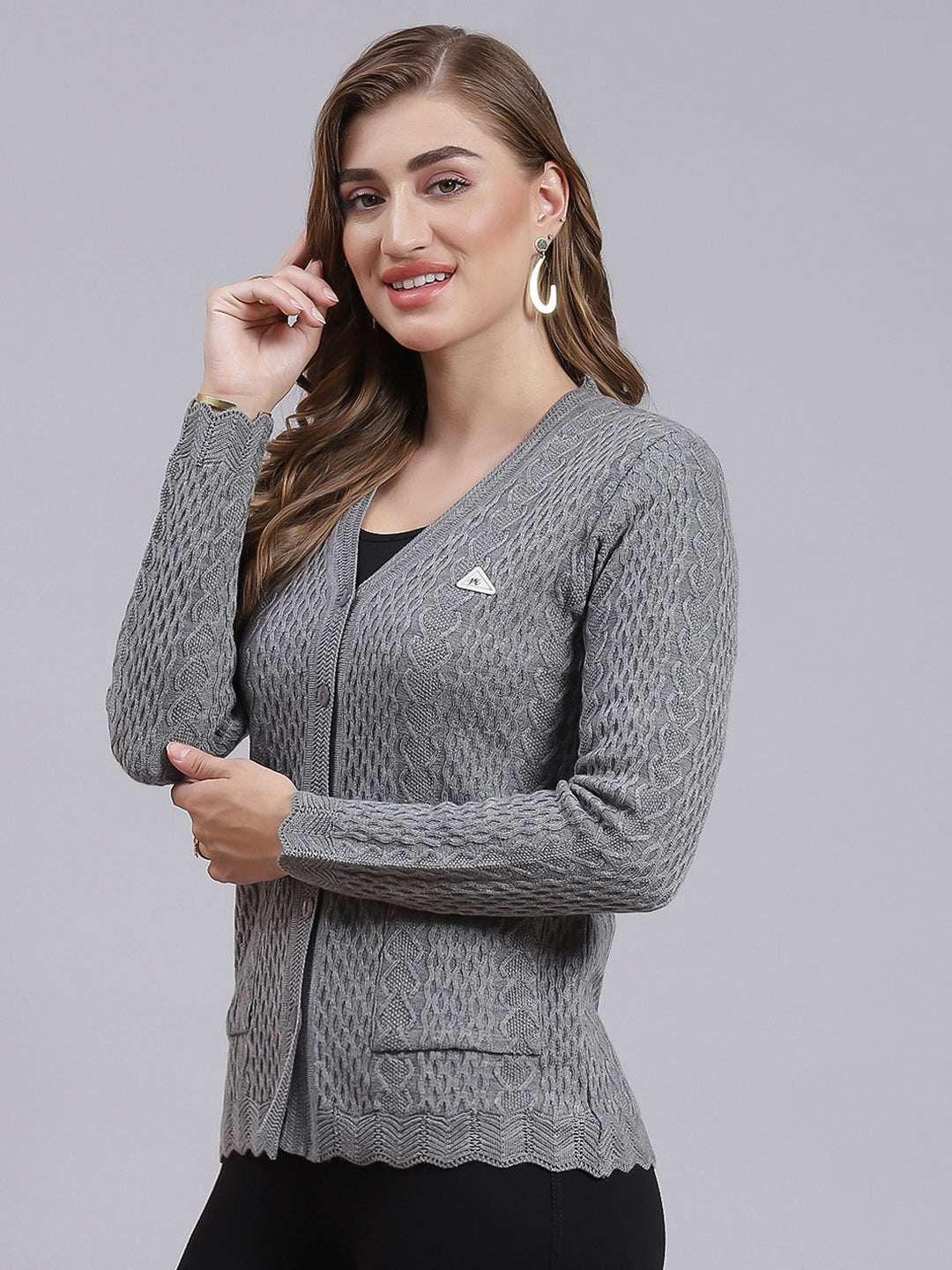 Women Grey Self Design Wool blend Cardigan