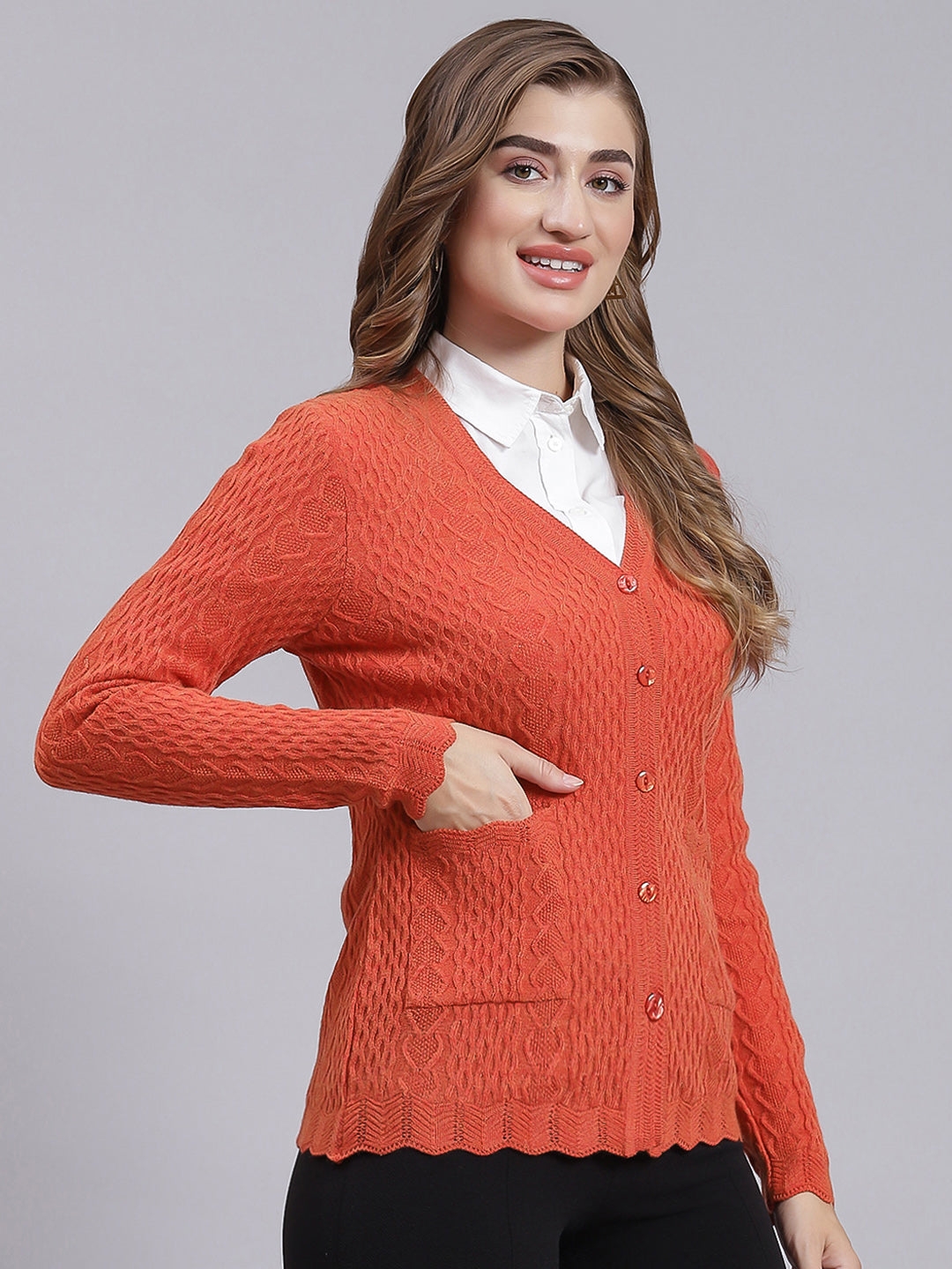 Women Orange Self Design Wool blend Cardigan