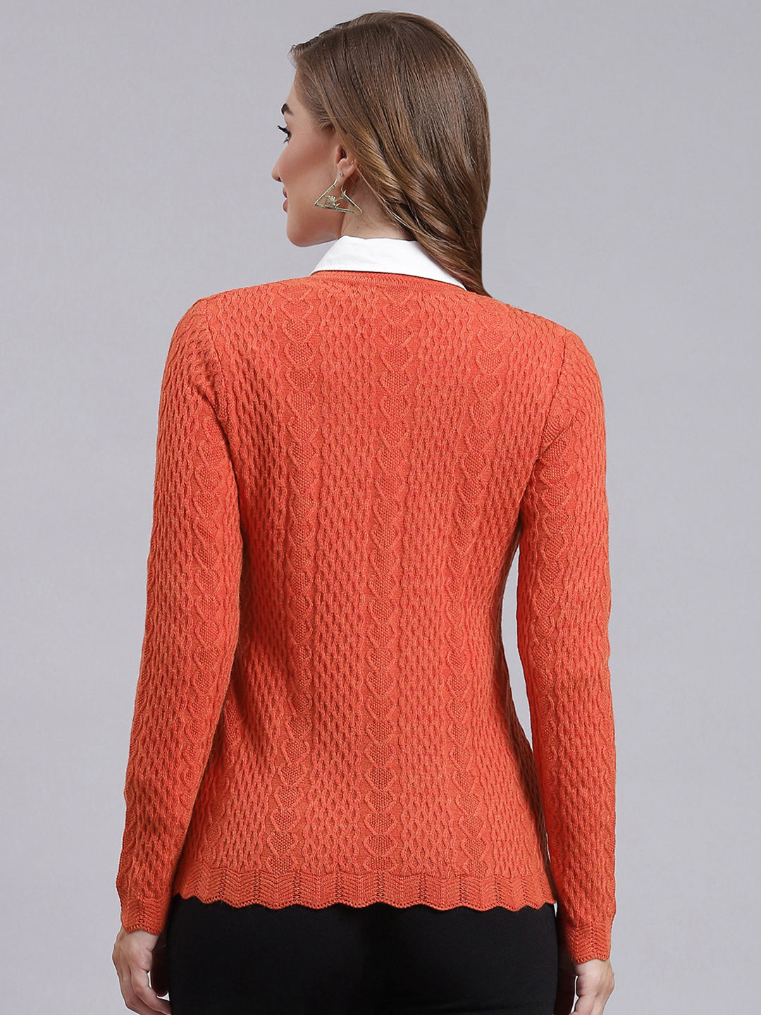 Women Orange Self Design Wool blend Cardigan