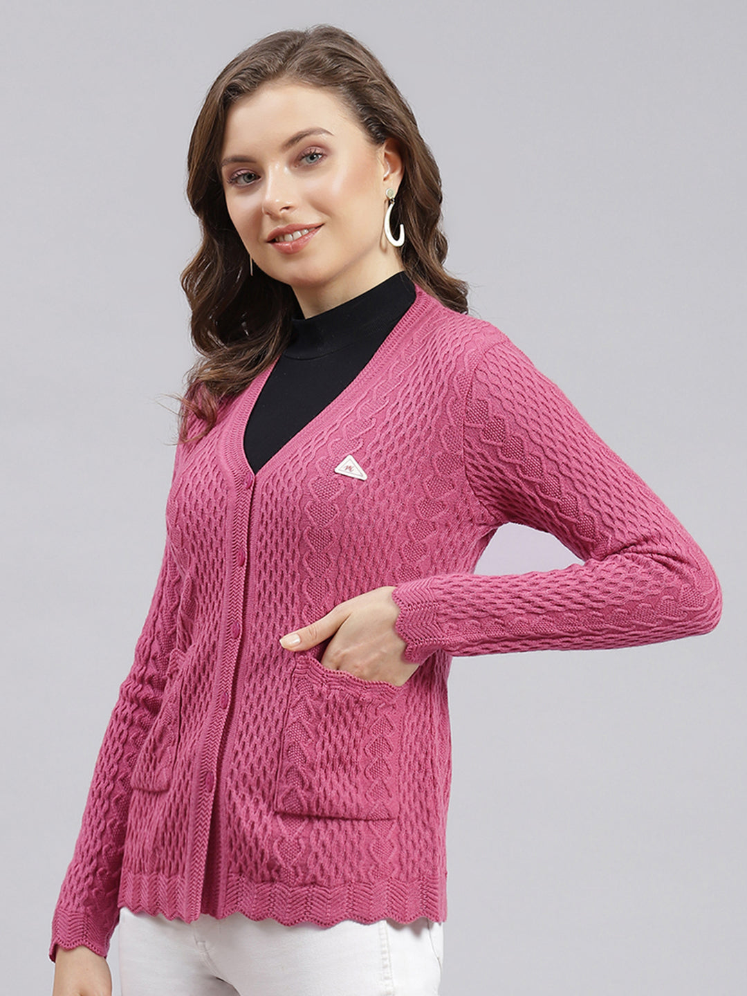 Women Pink Self Design Wool blend Cardigan