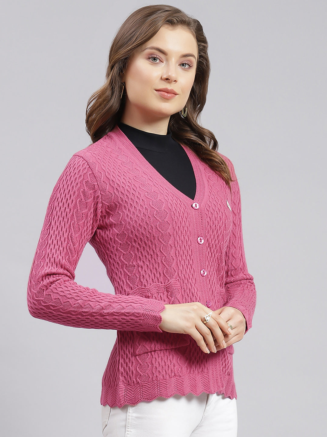 Women Pink Self Design Wool blend Cardigan