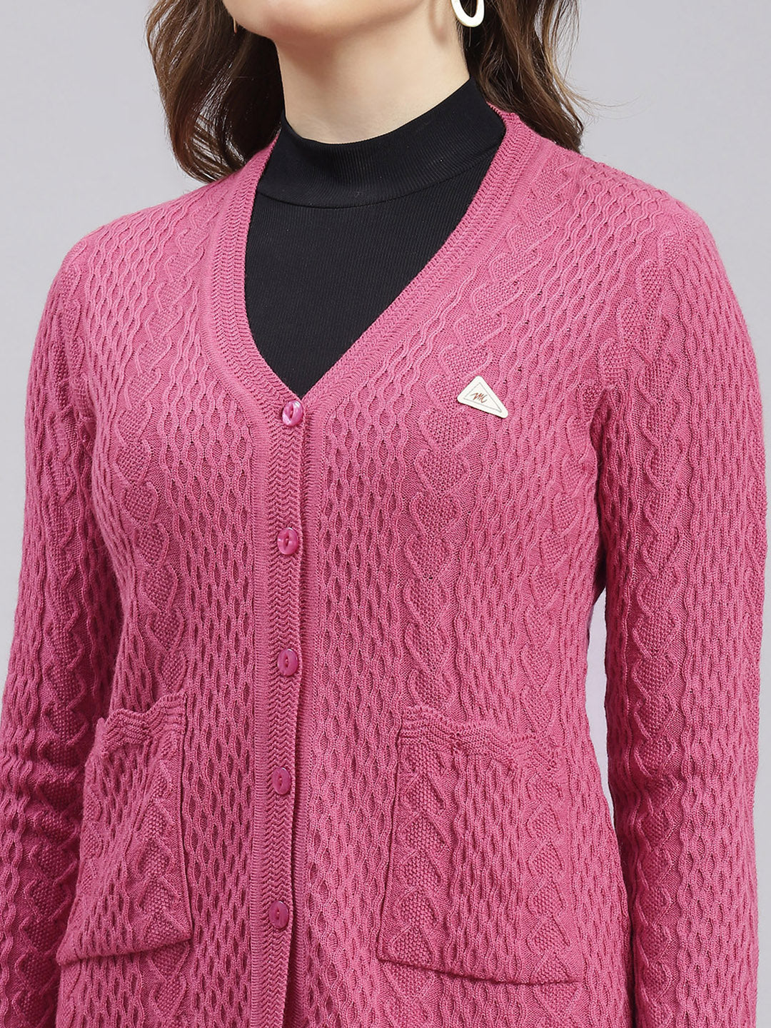 Women Pink Self Design Wool blend Cardigan