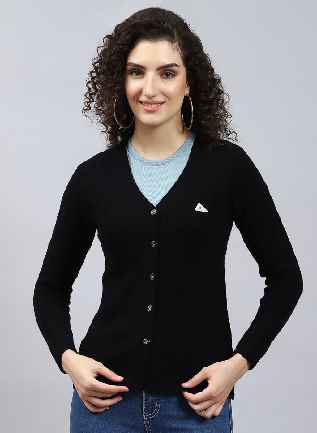 Women Black Self Design Wool blend Cardigan