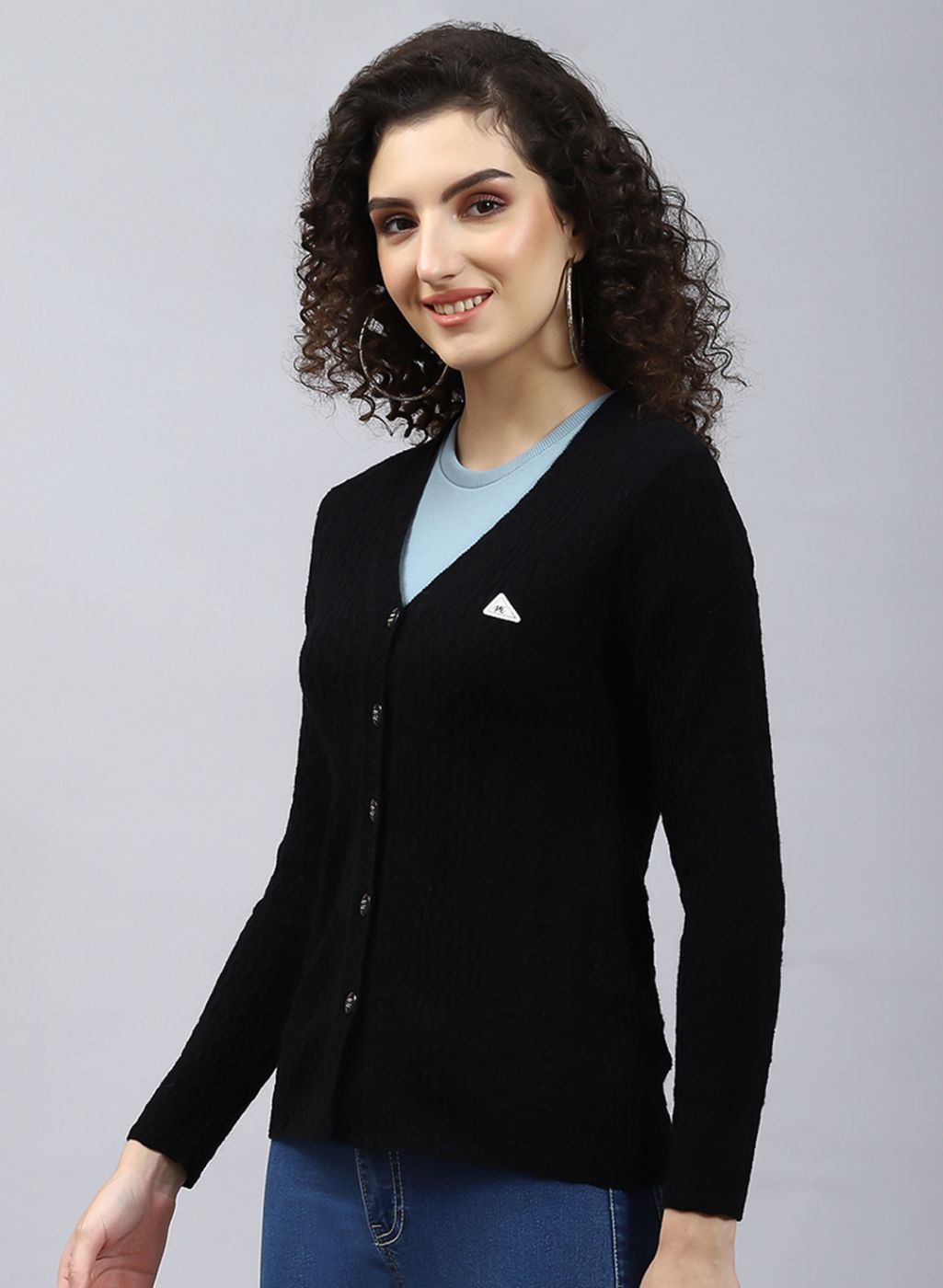 Women Black Self Design Wool blend Cardigan