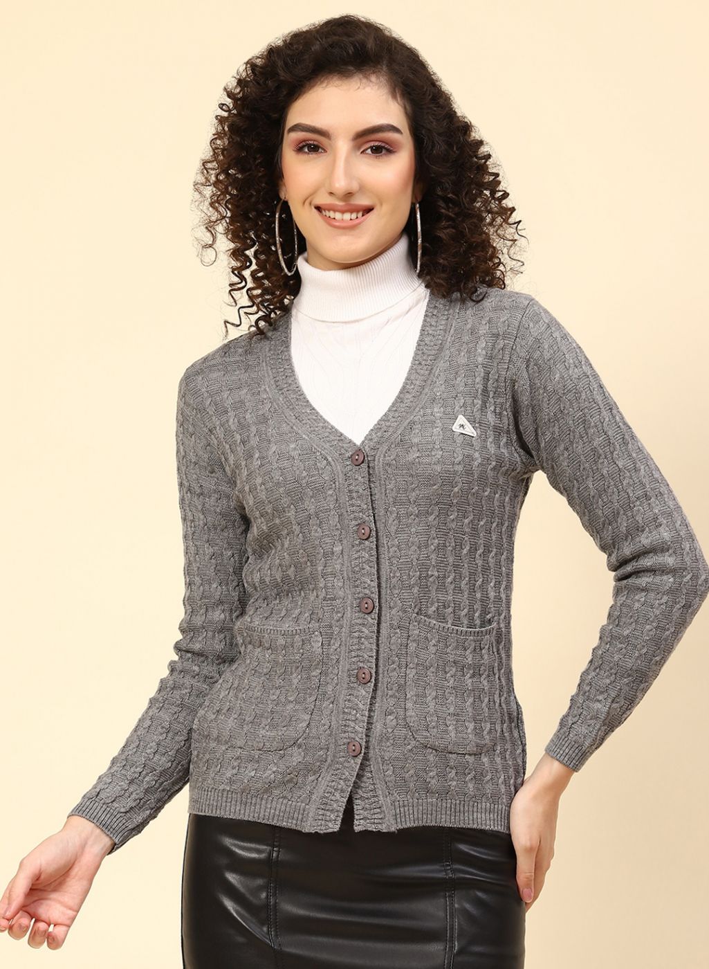 Women Grey Self Design Wool blend Cardigan