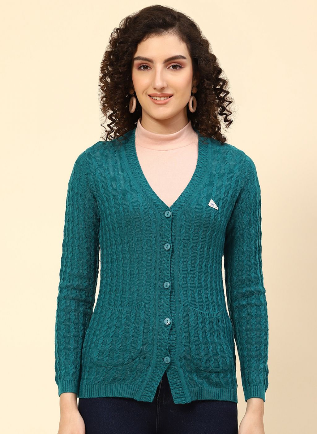 Women Green Self Design Wool blend Cardigan