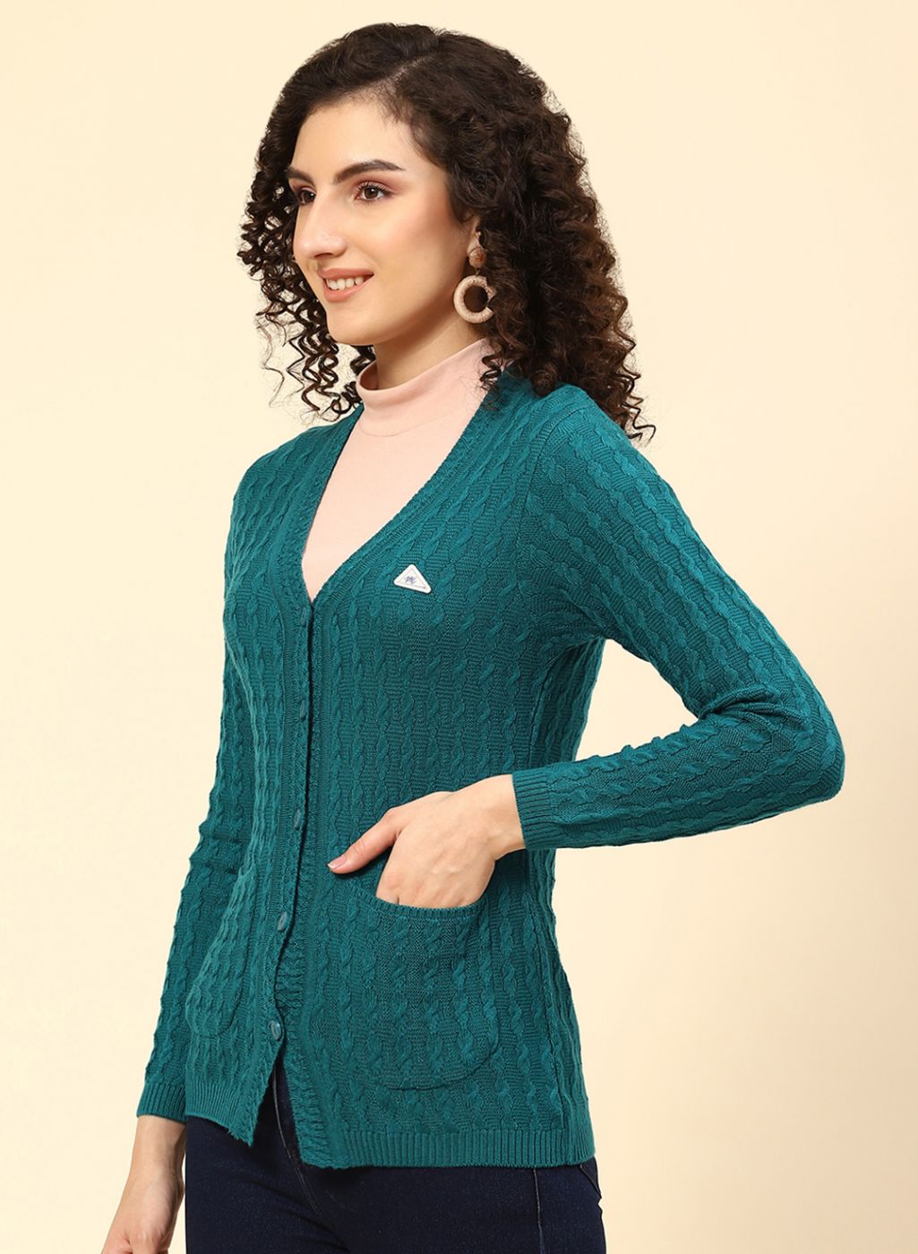 Women Green Self Design Wool blend Cardigan