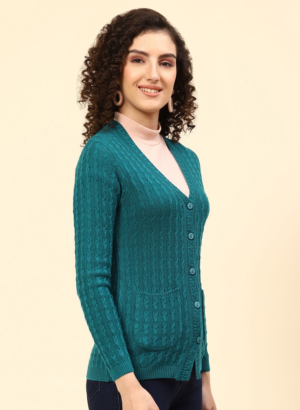 Women Green Self Design Wool blend Cardigan